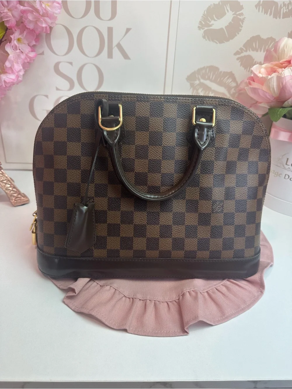 Louis Vuitton Brown Checkered Satchel with Gold Hardware